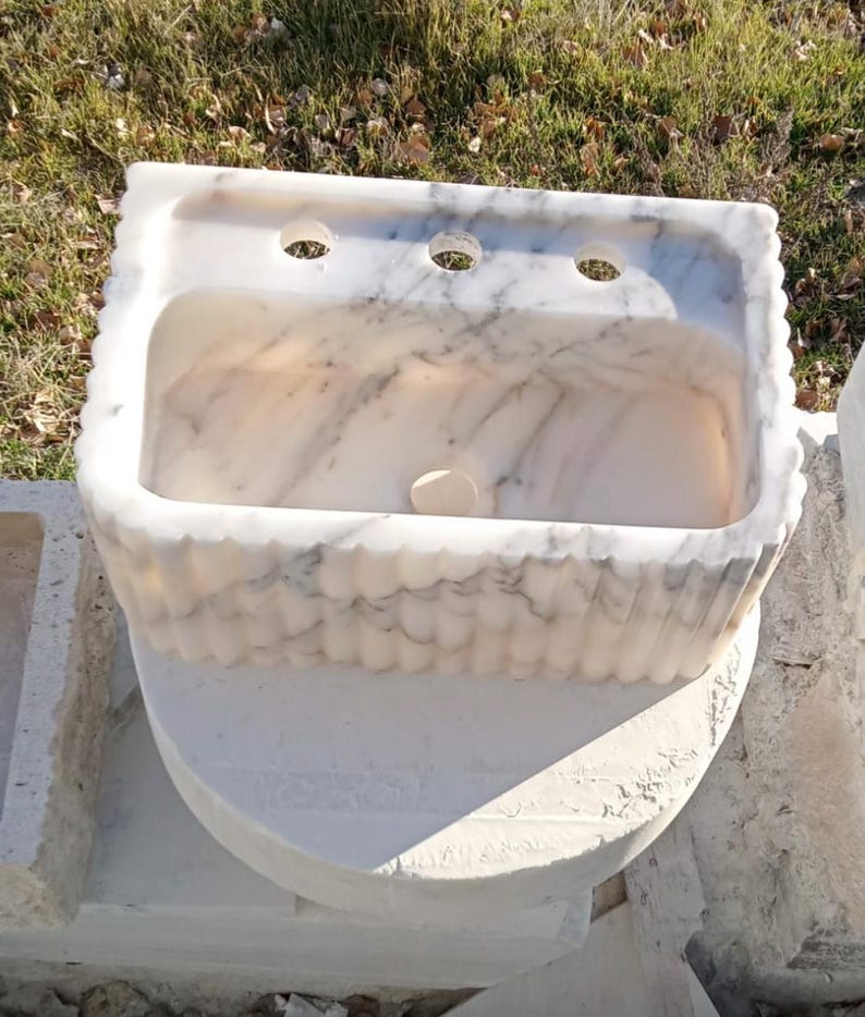 Calacatta Viola Marble Sink with Backsplash, Hand Carved Luxury Stone Basin, Custom Size Bathroom Vanity Sink, Wall Mount or Vessel