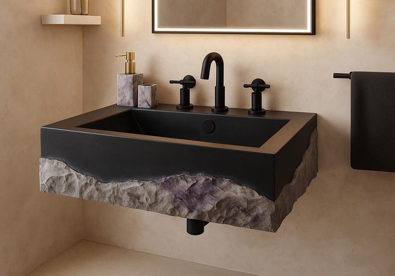 🖤 Discover the timeless beauty of our handcrafted rectangular black lava stone sink, carved from natural volcanic basalt. Perfect for wall-mounted, countertop, or vessel installations. Each piece is uniquely veined and artisan-crafted for luxury bathrooms. A bold statement for modern interior design. Durable, water-resistant, and shipped worldwide in a protective wooden crate via DHL Express.