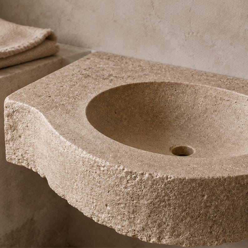 Close view of the hand-chiseled split-face front and naturally porous antiqued travertine surface