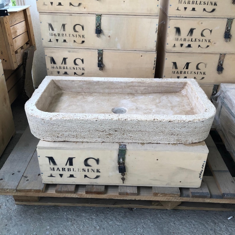 Hand-Carved Travertine Sink - 65x40x10 cm (25.6x15.7x3.9 inç) - Farmhouse & Rustic Bathroom Sink - Countertop/Wall Mounted