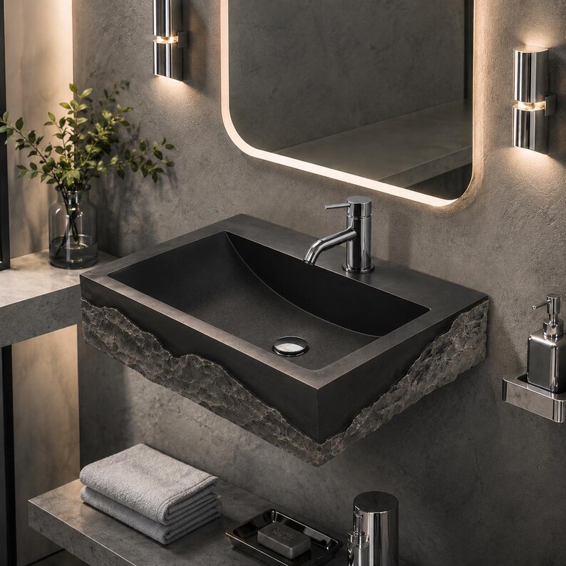 Black Marble Sink, Wall Mount Stone Basin, Rustic Luxury Powder Room Vanity