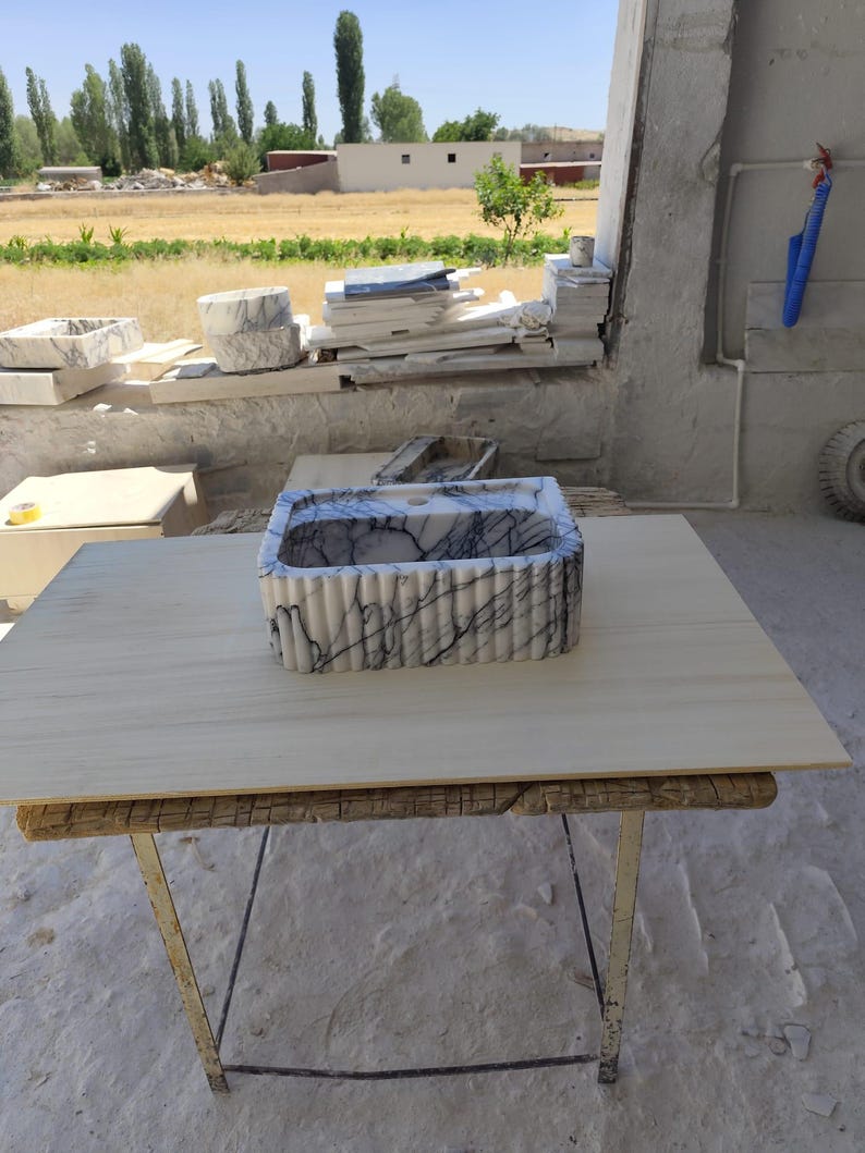 Natural Stone Vessel Bathroom Sink, Chiseled Ojinaga Marble, Vanity Sink