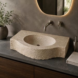 AI-assisted visualization of the travertine sink installed on a dark bathroom countertop