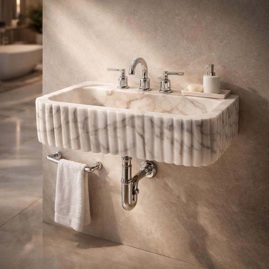 Calacatta Viola Marble Sink with Backsplash, Hand Carved Luxury Stone Basin, Custom Size Bathroom Vanity Sink, Wall Mount or Vessel