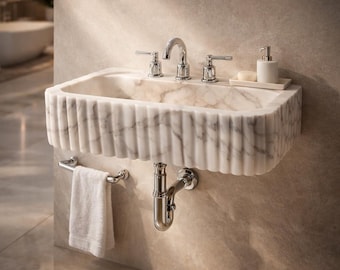 Calacatta Viola Marble Sink with Backsplash, Hand Carved Luxury Stone Basin, Custom Size Bathroom Vanity Sink, Wall Mount or Vessel by MarbleSinkCo