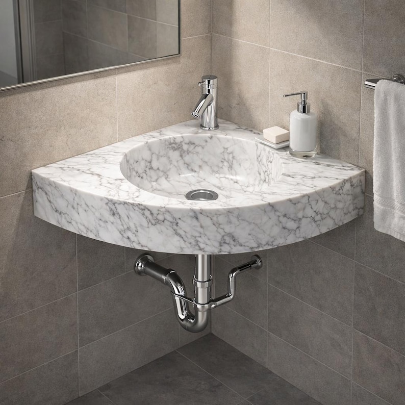 May include: A corner-shaped marble sink with a chrome faucet and drain. The sink has a white and gray veined pattern. A soap dish, soap dispenser, and a towel are visible. The plumbing is chrome.