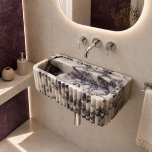Hand-Carved Calacatta Viola Marble Sink, Fluted Wall-Mounted Stone Basin, Custom Vanity by MarbleSinkCo