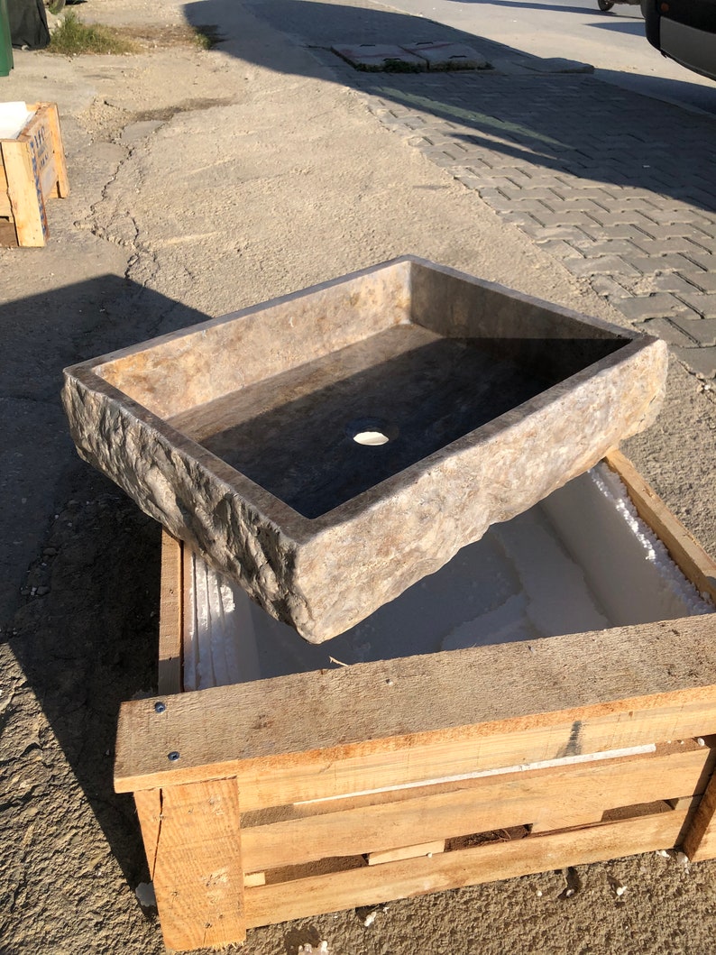 Marble Sink, Natural Stone Sink, Sink For Bathroom, Marble, Sink, Stone Sink, Silver Travertine Thin Edge Rectangular Sink