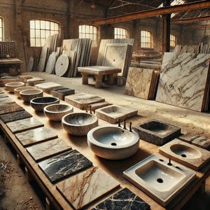 May include: A collection of white marble sinks of various sizes and shapes displayed on a wooden surface in a warehouse setting. The sinks are arranged in rows and are surrounded by slabs of marble.