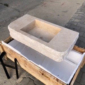 Travertine Sink, Rustic Design,  100% Natural Stone, Handcrafted - Custom Sink, Chiseled Sink, Rustic Sink, Handmade Design, Wall Sink Travertine Sink: Rustic Chiseled Natural Stone Bathroom Vanity
