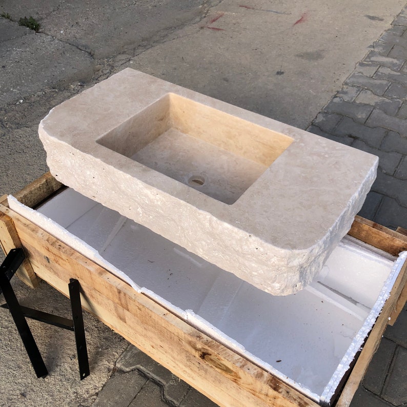 Travertine Sink, Rustic Design,  100% Natural Stone, Handcrafted - Custom Sink, Chiseled Sink, Rustic Sink, Handmade Design, Wall Sink Travertine Sink: Rustic Chiseled Natural Stone Bathroom Vanity