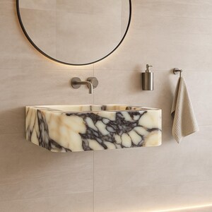 Handmade Calacatta Viola Marble Sink – Custom Wall Mount or Countertop Vanity Basin – Solid Stone Bathroom Sink, Unique Italian Marble Washbasin