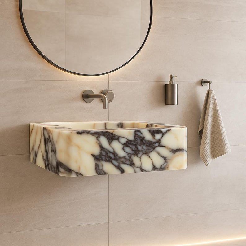 Handmade Calacatta Viola Marble Sink – Custom Wall Mount or Countertop Vanity Basin – Solid Stone Bathroom Sink, Unique Italian Marble Washbasin