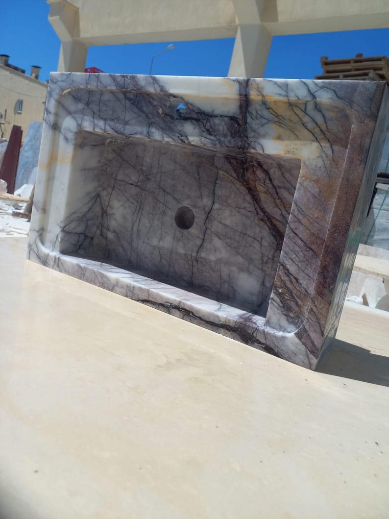 Carrara Marble Sink with Backsplash - Wall Mounted Marble Bathroom Sink, Marble Vanity Top, White Marble Powder Room Sink - Custom Vanity