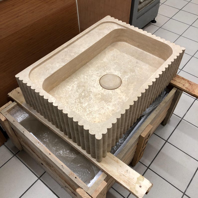Stone Sink, Wall Mount , Marble Sink, Marble Washbasin, Natural Stone Sink, Powder Room Sink, White Marble , Ribbed Front Sink, Travertine
