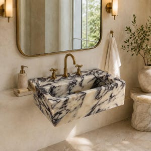 Calacatta Viola Marble Sink, Handcrafted Wall-Mounted Custom Bathroom Vanity