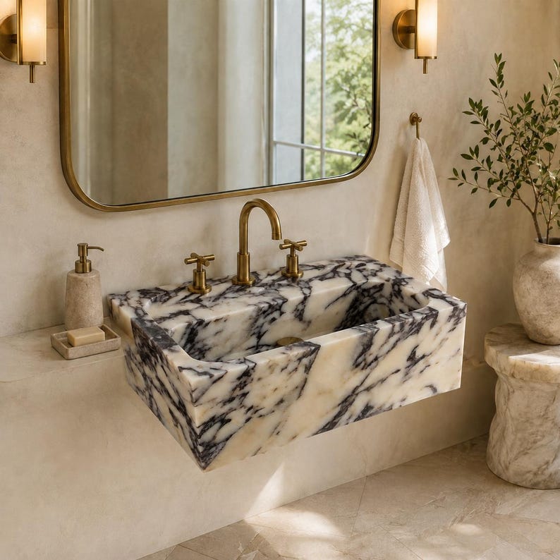 Calacatta Viola Marble Sink, Handcrafted Wall-Mounted Custom Bathroom Vanity