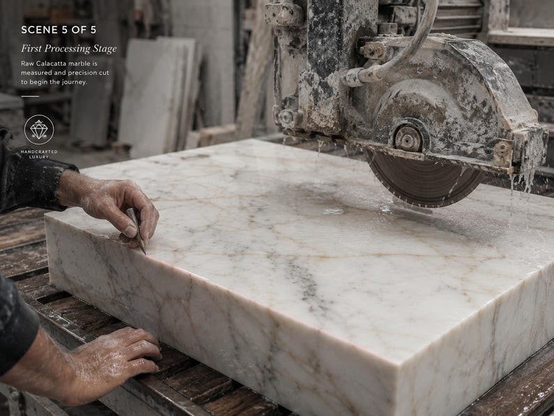 Finished Calacatta Gold marble sink inspected during quality control with measuring tools, polished basin, thick stone edges and handcrafted finish