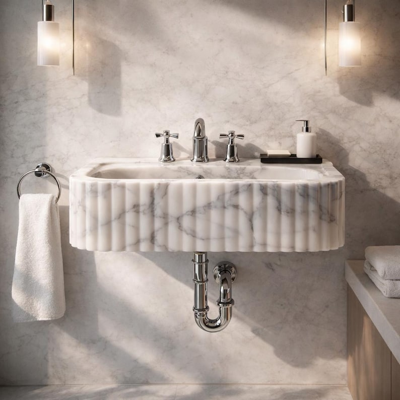 Calacatta Viola Marble Sink with Backsplash, Hand Carved Luxury Stone Basin, Custom Size Bathroom Vanity Sink, Wall Mount or Vessel