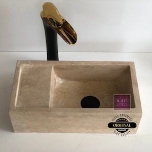 Travertine Wall Mount Bathroom Sink, Small Beige Stone Vessel Basin, Handmade Powder Room Vanity Sink image 7