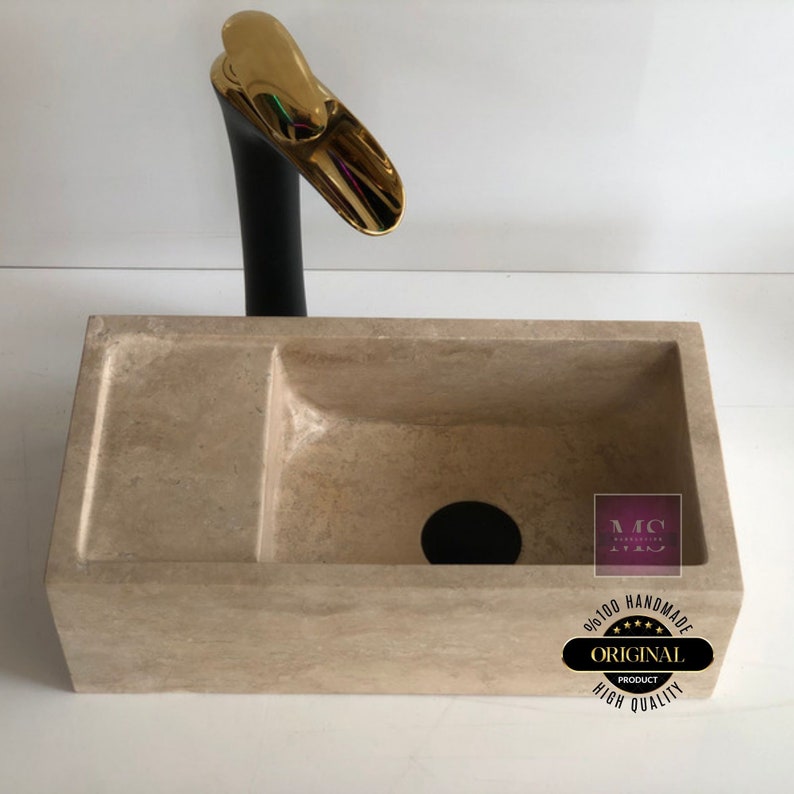 Travertine Wall Mount Bathroom Sink, Small Beige Stone Vessel Basin, Handmade Powder Room Vanity Sink image 7