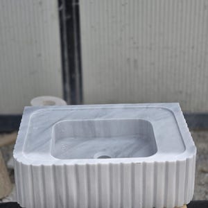 Elegant Bathroom Sink - Hand-Carved White Marble Bathroom Sink – Wall-Mounted or Countertop, Rectangular Vessel, Customizable Design - Custom faucet hole options for white marble sink write your preference for 0 1 2 or 3 faucet holes in the notes at checkout