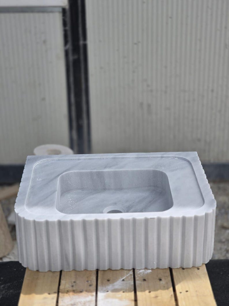 Elegant Bathroom Sink - Hand-Carved White Marble Bathroom Sink – Wall-Mounted or Countertop, Rectangular Vessel, Customizable Design - Custom faucet hole options for white marble sink write your preference for 0 1 2 or 3 faucet holes in the notes at checkout