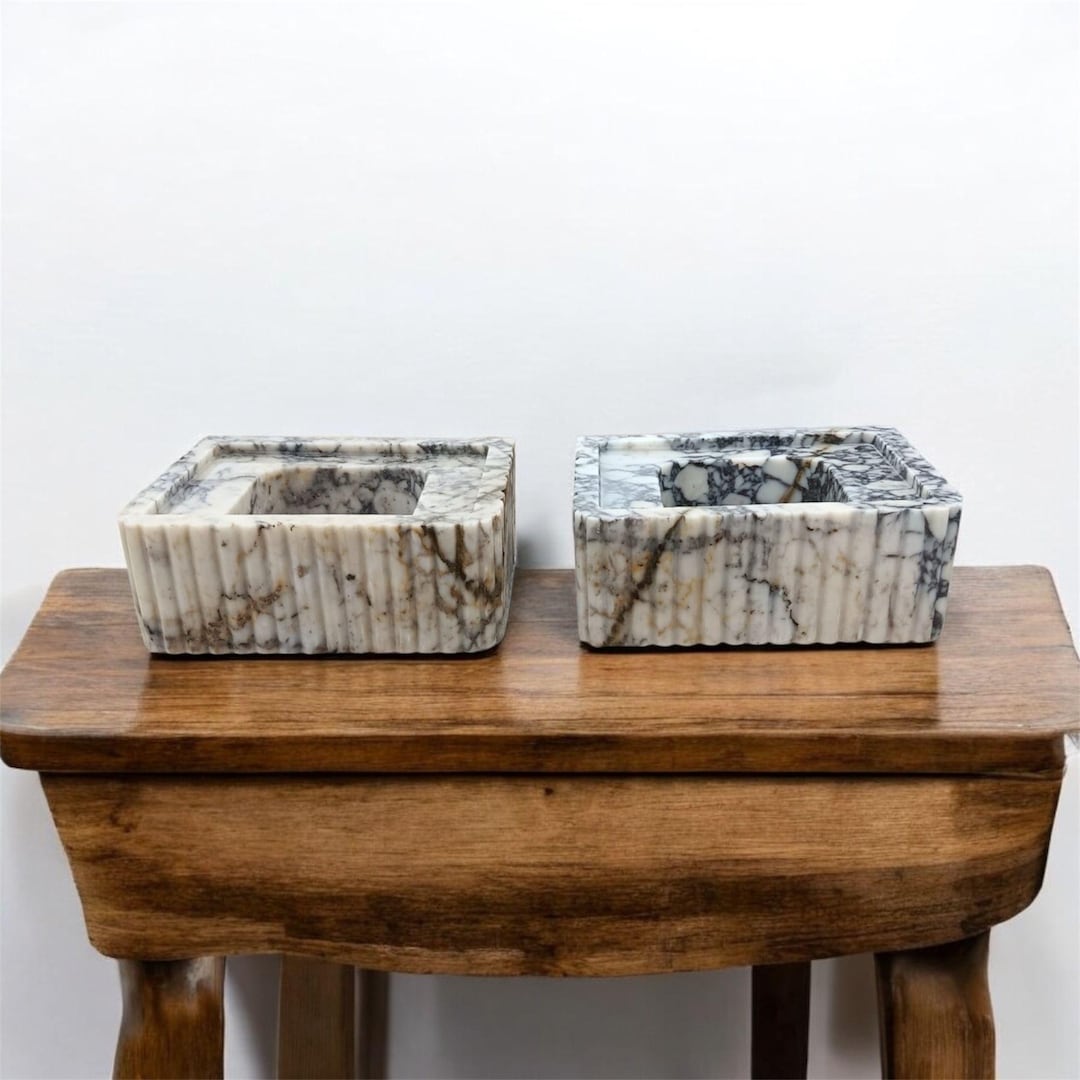 Hand-Carved Calacatta Marble Double Sink Set: Bamboo Design Bathroom vanity