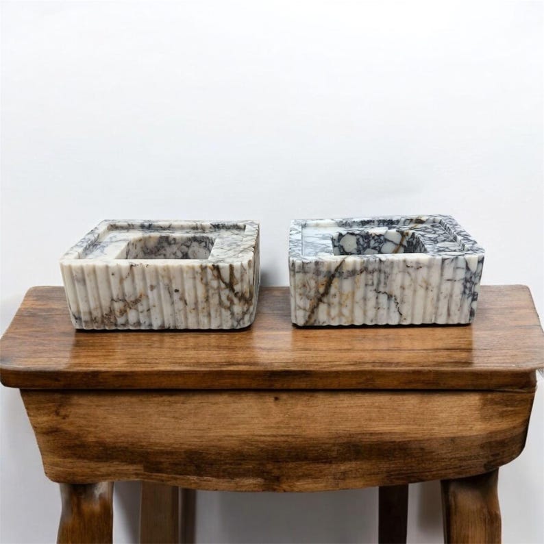 Calacatta Marble Double Sink Set – Hand-Carved, Wall-Mount or Countertop, Bamboo Design, Custom Stone Sink, Custom Marble Sink