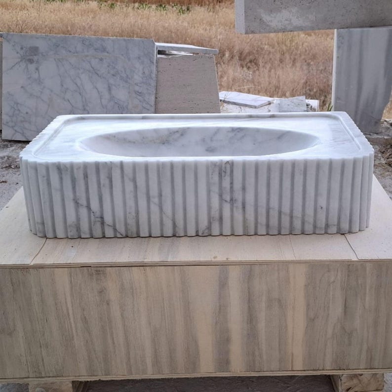 Carrara Marble Wall Mount Sink – Handmade Fluted Vanity Basin – Custom Floating Stone Sink – Modern Bathroom Vessel