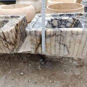 Calacatta Marble Double Sink Set – Hand-Carved, Wall-Mount or Countertop, Bamboo Design, Custom Stone Sink, Custom Marble Sink