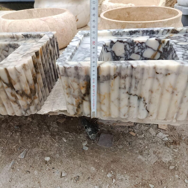 Calacatta Marble Double Sink Set – Hand-Carved, Wall-Mount or Countertop, Bamboo Design, Custom Stone Sink, Custom Marble Sink
