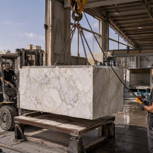 Calacatta Gold marble sink during precision cutting in a stone workshop, with water spray, cutting machine and natural marble block being processed