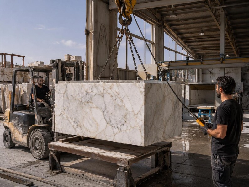 Calacatta Gold marble sink during precision cutting in a stone workshop, with water spray, cutting machine and natural marble block being processed