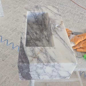Custom White Marble Floating Sink with Gray Black Veins, Wall Mounted or Countertop Basin, Natural Stone Rectangle Bathroom Vanity