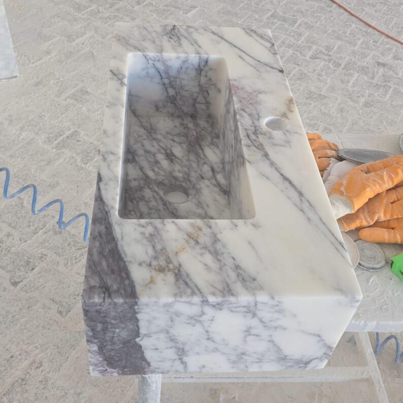 Custom White Marble Floating Sink with Gray Black Veins, Wall Mounted or Countertop Basin, Natural Stone Rectangle Bathroom Vanity