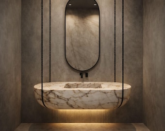 Suspended Calacatta Viola Marble Sink, Chain Mounted Floating Vanity, Hand Carved Luxury Bathroom Basin by MarbleSinkCo