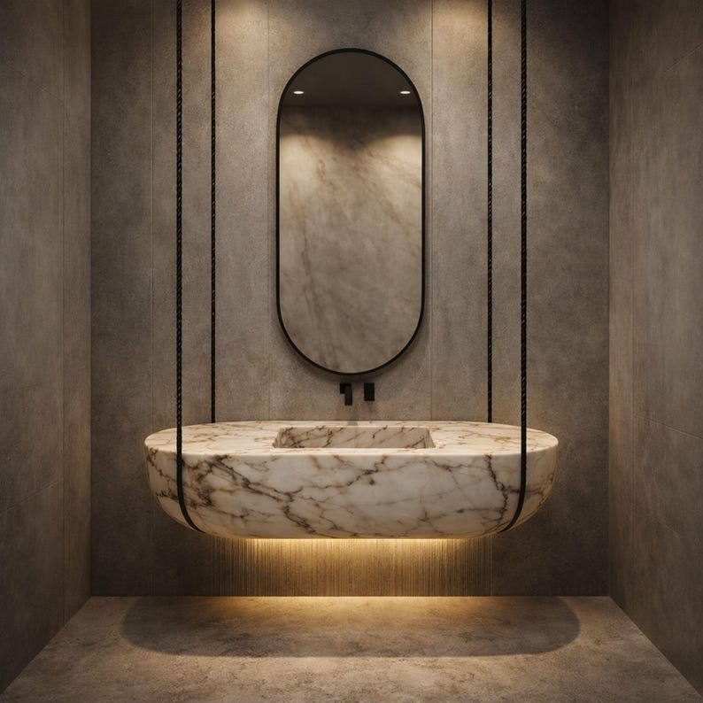 Calacatta Viola suspended marble sink, luxury floating vanity sink hand carved from a 2 ton marble block, rare sculptural bathroom basin designed for luxury villas, penthouses and designer interiors, architectural statement sink suspended with steel chains creating a dramatic floating illusion, premium handmade marble sink crafted by MarbleSinkCo masters, collectible luxury bathroom centerpiece shipped worldwide with DHL Express