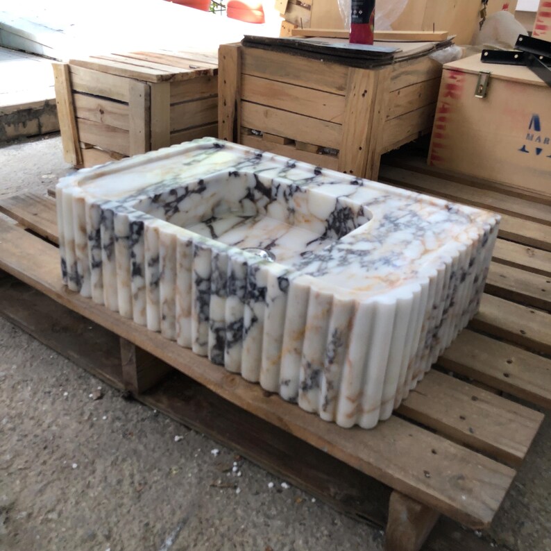 Calacatta Viola Marble Fluted Sink Wall Mount Marble Sink Marble Bathroom Sink Powder Room Sink Custom Vanity Top Natural Stone Marble Sink