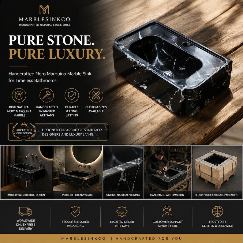 Handmade Black Nero Marquina Marble Wall Mounted Bathroom Sink Floating Luxury Natural Stone Wash Basin