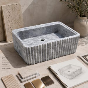 Luxury Handcrafted Tundra Gray Marble Wall Mounted Fluted Sink
Natural Stone Bathroom Vanity Basin by MarbleSinkCo, Gray  marble sink - countertop sink - vanity sink - farmhouse sink - vessel sink - splashback sink - bathroom sink - wall-mounted marble sink - wall-mounted sink - kitchen sink - console pedestal marble sink - cabinet top sink - marble sink with wooden drawers - square