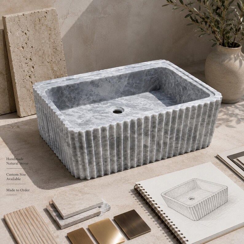 Luxury Handcrafted Tundra Gray Marble Wall Mounted Fluted Sink
Natural Stone Bathroom Vanity Basin by MarbleSinkCo, Gray  marble sink - countertop sink - vanity sink - farmhouse sink - vessel sink - splashback sink - bathroom sink - wall-mounted marble sink - wall-mounted sink - kitchen sink - console pedestal marble sink - cabinet top sink - marble sink with wooden drawers - square