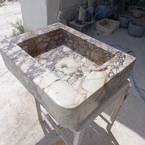 Calacatta Marble Sink – Hand-Carved Rectangular Vanity – Floating or Countertop Installation – Luxury Bathroom Centerpiece