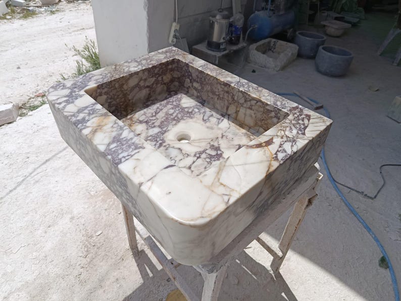 Calacatta Marble Sink – Hand-Carved Rectangular Vanity – Floating or Countertop Installation – Luxury Bathroom Centerpiece
