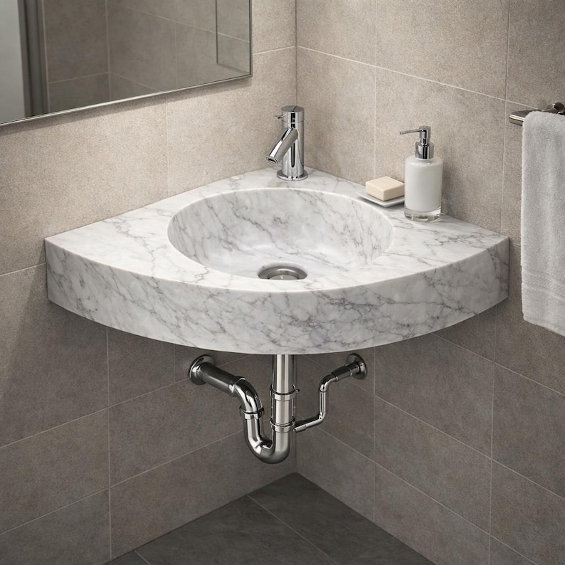 May include: A corner marble sink with a chrome faucet, soap dispenser, and a bar of soap. The sink has a curved front and a drain. A towel rack with a white towel is on the right. The plumbing is visible below the sink.