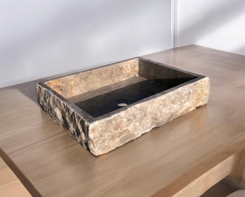 Rustic Travertine Wall Mount Sink – Natural Stone Vessel Sink – Hand-Carved Rectangle Bathroom Vanity – Modern Minimalist Basin