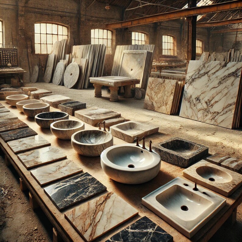 May include: A workshop showcasing various marble products. The image features a variety of sinks, slabs, and other stone elements. The sinks are in different shapes and sizes, with a range of colors and patterns. The slabs are stacked in the background.