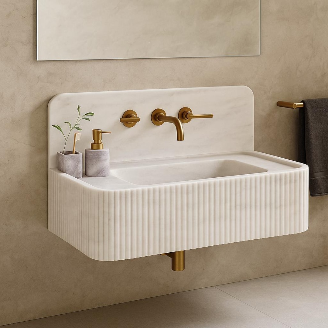 Handcrafted Carrara Gold Marble Sink: Floating Vanity with Backsplash