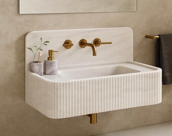 Handcrafted Carrara Gold Marble Sink: Floating Vanity with Backsplash by MarbleSinkCo