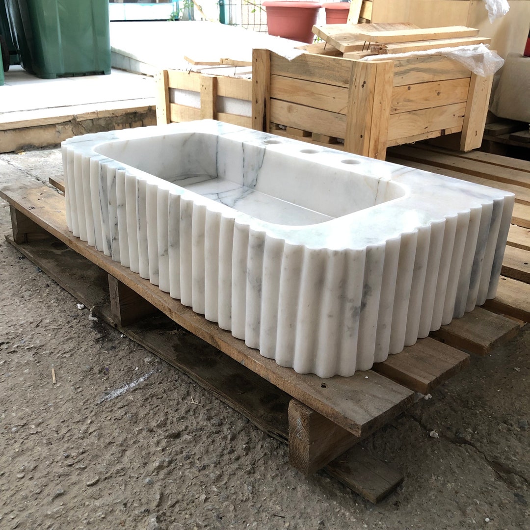 Carrara Marble Sink, Hand Carved Rectangular Vessel Basin, White Stone Bathroom Sink, Custom Vanity Sink